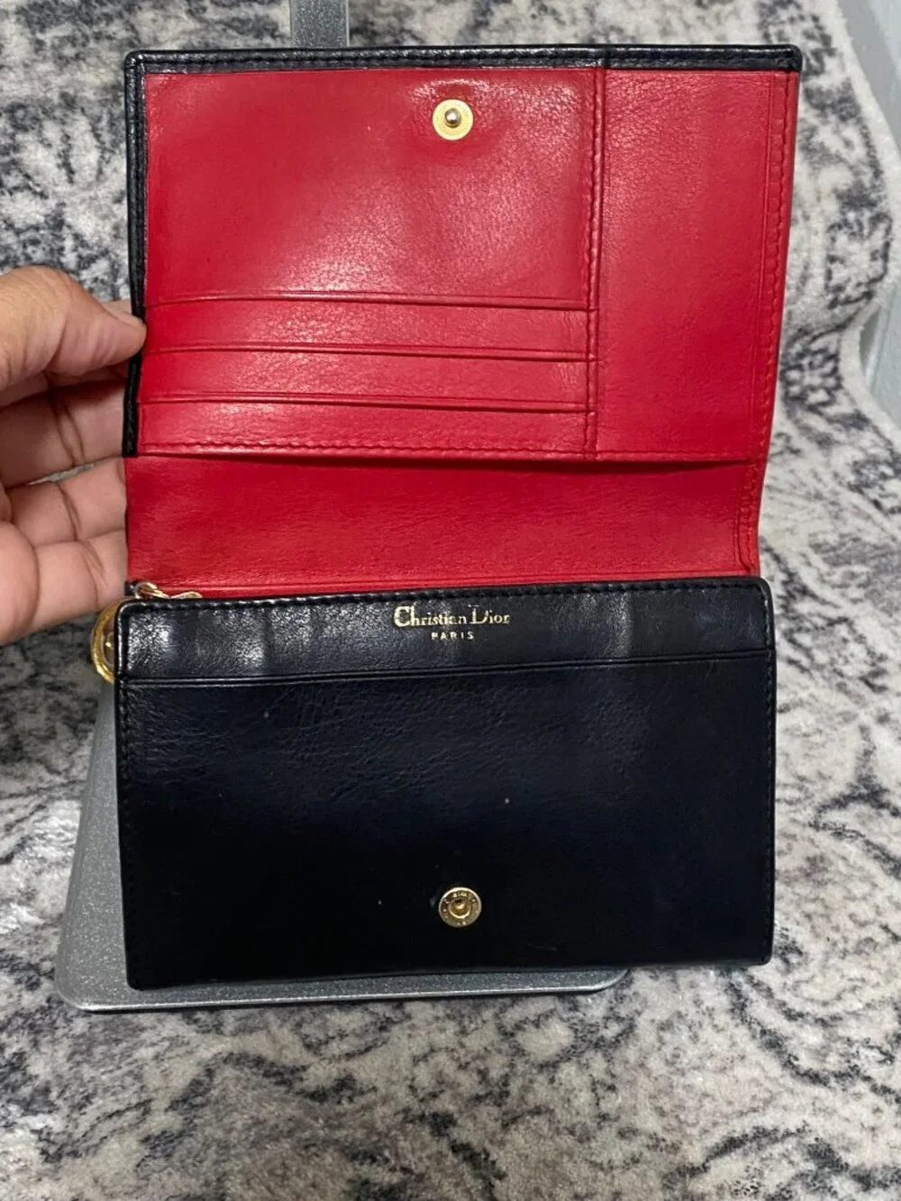 Christian Dior Bifold Leather Wallet With Red Interior & Card Slots